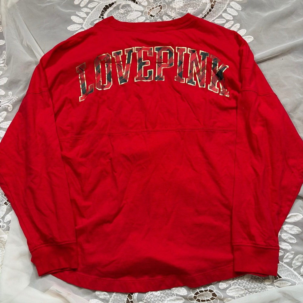 Pink Victorias Secret Red Plaid Spirit Jersey Long Sleeve Tee Shirt Large